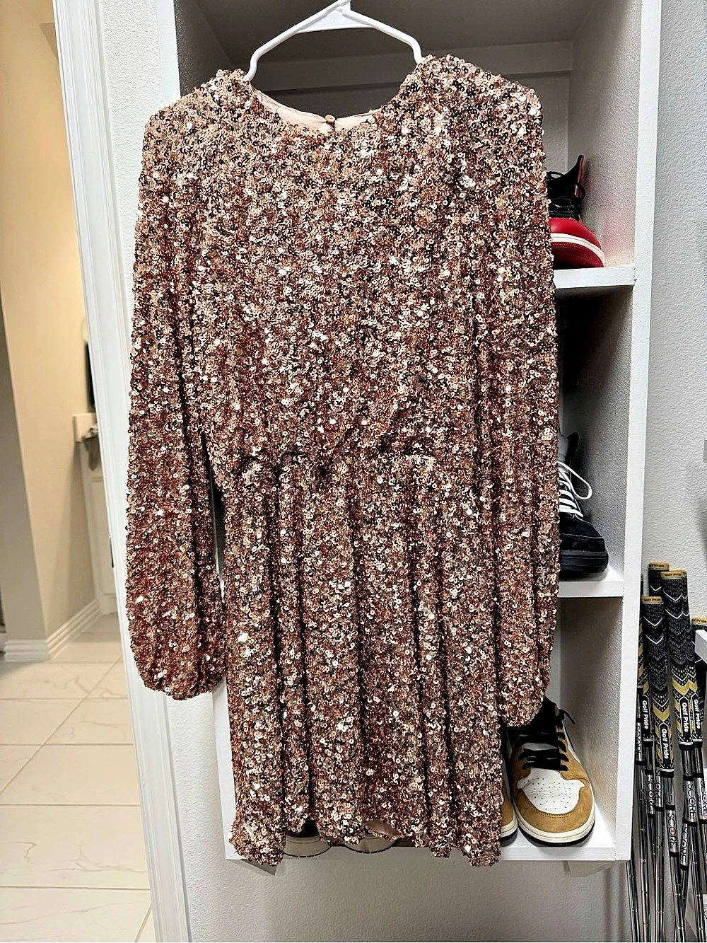 Sequin Long Sleeve Mini Dress in Brown Like New